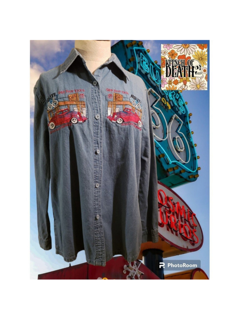 Vintage 1990s Novelty Route 66 Denim Embroidered Top Button Up Shirt M